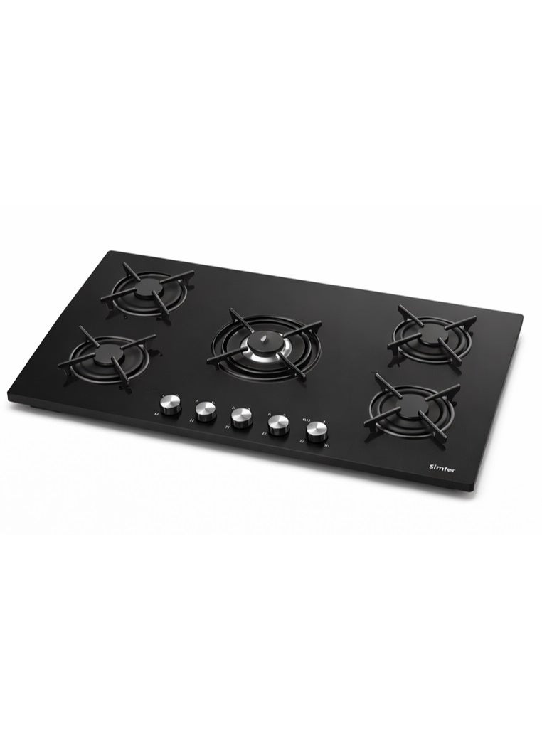 Simfer Built-In Gas Hob 90 cm Black Glass, 5 Sabaf Burners, Front Control Knobs, Round Cast Iron Pan Supports, Auto Ignition, Full Safety – Model BH90GG01 - Image 3